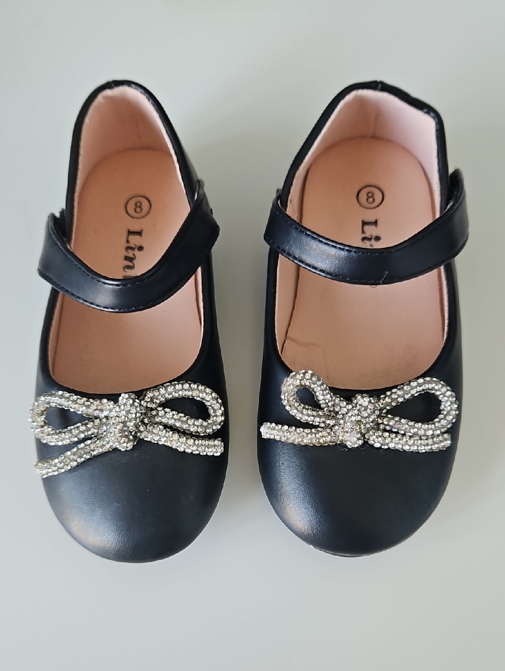 Girls Black Mary Jane Shoes with Rhinestone Bow Toddler SZ 8